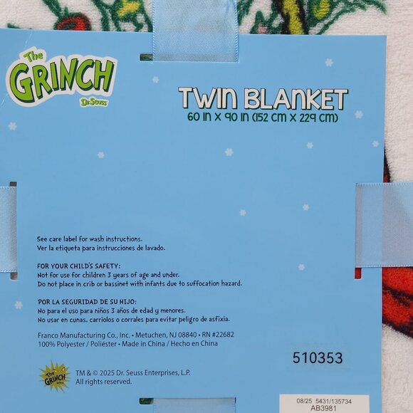 Dr. Seuss The Grinch Oversized Plush Throw Blanket 60X90" Twin Christmas Sally - Picture 7 of 10
